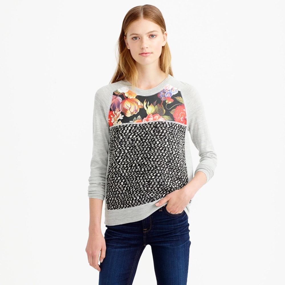 J. Crew Merino Wool Silk Crewneck Sweatshirt Mixed Media Floral Feminine Preppy